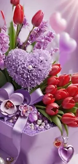 Romantic phone wallpaper with red tulips and purple heart bouquet.