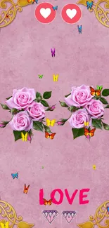 Romantic pink wallpaper with roses and butterflies.