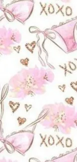 Romantic wallpaper with pink floral, bows, hearts, and XOXO design.