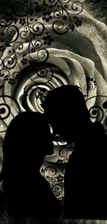 Silhouette couple with floral design wallpaper.