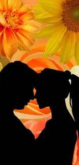 Romantic silhouette with orange and yellow floral background wallpaper.