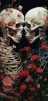 Two skeletons with floral accents on a dark background, expressing romance and mystery.