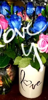 Romantic wallpaper with blue and pink roses and 'love you' text.