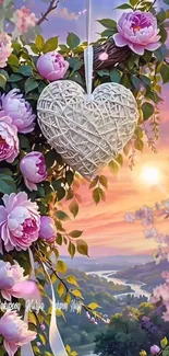 Heart-shaped decoration with flowers at sunset.