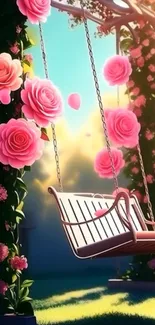 Floral swing with pink roses in a serene garden setting.