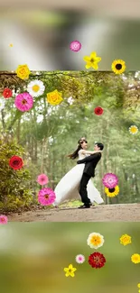 Romantic couple in forest with colorful floral accents.