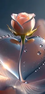 Romantic rose with heart-shaped glass design on wallpaper.