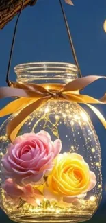 Glowing roses in a lantern under a night sky.