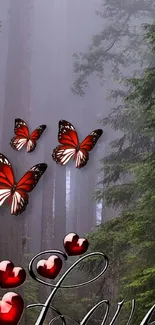 Red butterflies and hearts in a lush forest wallpaper.