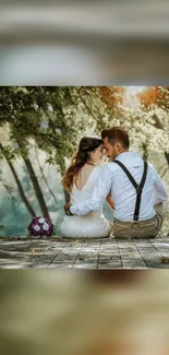 A couple sharing a romantic moment in a sunlit forest setting with lush greenery.