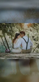 Romantic couple sitting on a bench in a lush green forest.