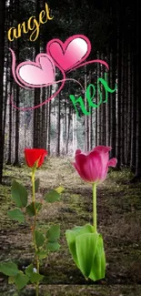 Romantic forest with flower path and colorful hearts.