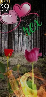 Romantic forest wallpaper with pink hearts and roses against a woodland backdrop.