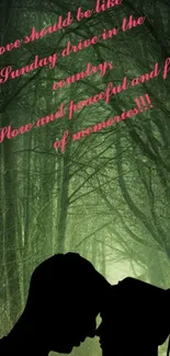 Silhouette of a couple with a romantic quote in a forest background.