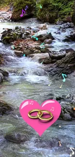 Romantic forest stream with pink heart symbol wallpaper.