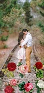 Couple embracing on railroad amidst forest and roses.