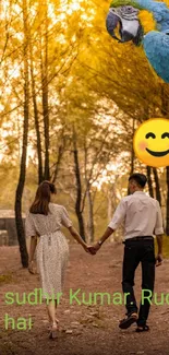 Couple walking in forest with blue macaw and smiley emoji.