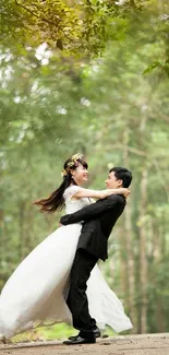 Romantic couple embracing in a forest wedding scene.