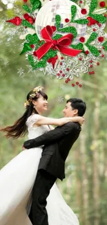 Romantic couple in a festive forest setting.