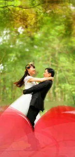 Romantic couple embracing in a lush forest setting with vibrant green backgrounds.