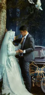 Romantic wedding in a forest setting with vintage car backdrop.