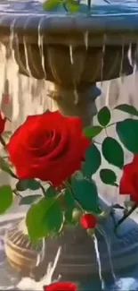 Vibrant red roses in a cascading fountain.