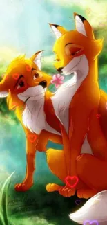 Romantic fox couple in vibrant forest art.