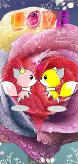 Romantic fox couple with vibrant roses in a love-themed phone wallpaper.