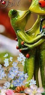 Romantic frog couple with colorful flowers in a whimsical setting.