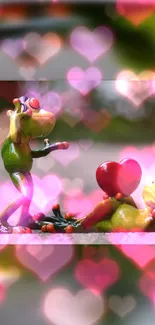 Playful frogs with hearts and bokeh.