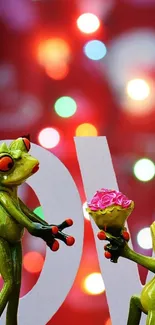 Frog couple with flowers on red bokeh background.