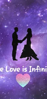 Romantic galaxy wallpaper with silhouetted couple and heart.