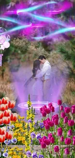 Romantic embrace in a flower garden with mystical purple lights.