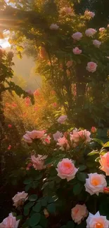 Garden at sunrise with pink roses and lush greenery.