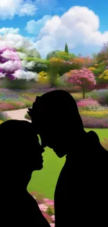 Romantic couple silhouette in a colorful garden landscape.