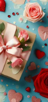 Romantic gift box with roses and heart decorations on a blue background.
