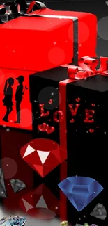 Romantic wallpaper with red and black gift boxes, ribbons, and sparkling gems.