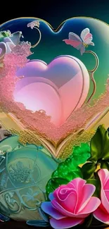 Vibrant glass heart and roses wallpaper with butterflies.