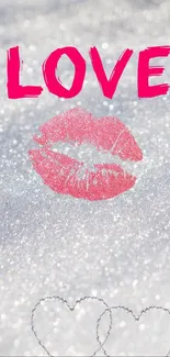 Pink lipstick mark on sparkling silver background with 'Love' text.