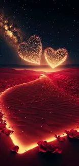 A romantic glowing heart path under a starry night sky, ideal for mobile wallpaper.