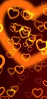 Romantic wallpaper with glowing orange hearts.