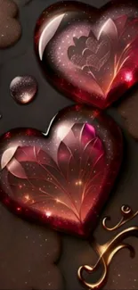 Romantic glowing hearts in vibrant burgundy tones on mobile wallpaper.