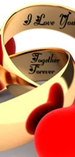 Romantic gold rings and red hearts wallpaper with love engravings.