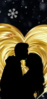 Romantic silhouette couple with golden heart background.