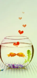 Romantic goldfish bowl with floating hearts.