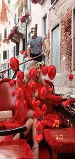 Gondola ride with a woman in a red dress in Venice.