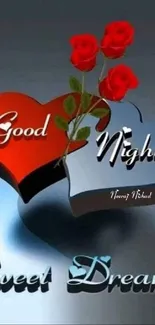 Red hearts and roses Good Night wallpaper with Sweet Dreams message.