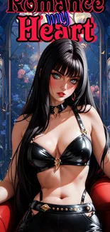 Gothic anime girl in leather outfit with floral background.