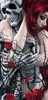 Gothic scene with skeleton and woman embraced with red roses.