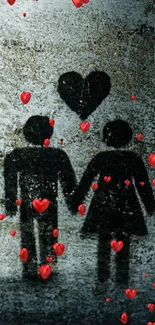 Romantic graffiti couple with heart art on a textured wall.